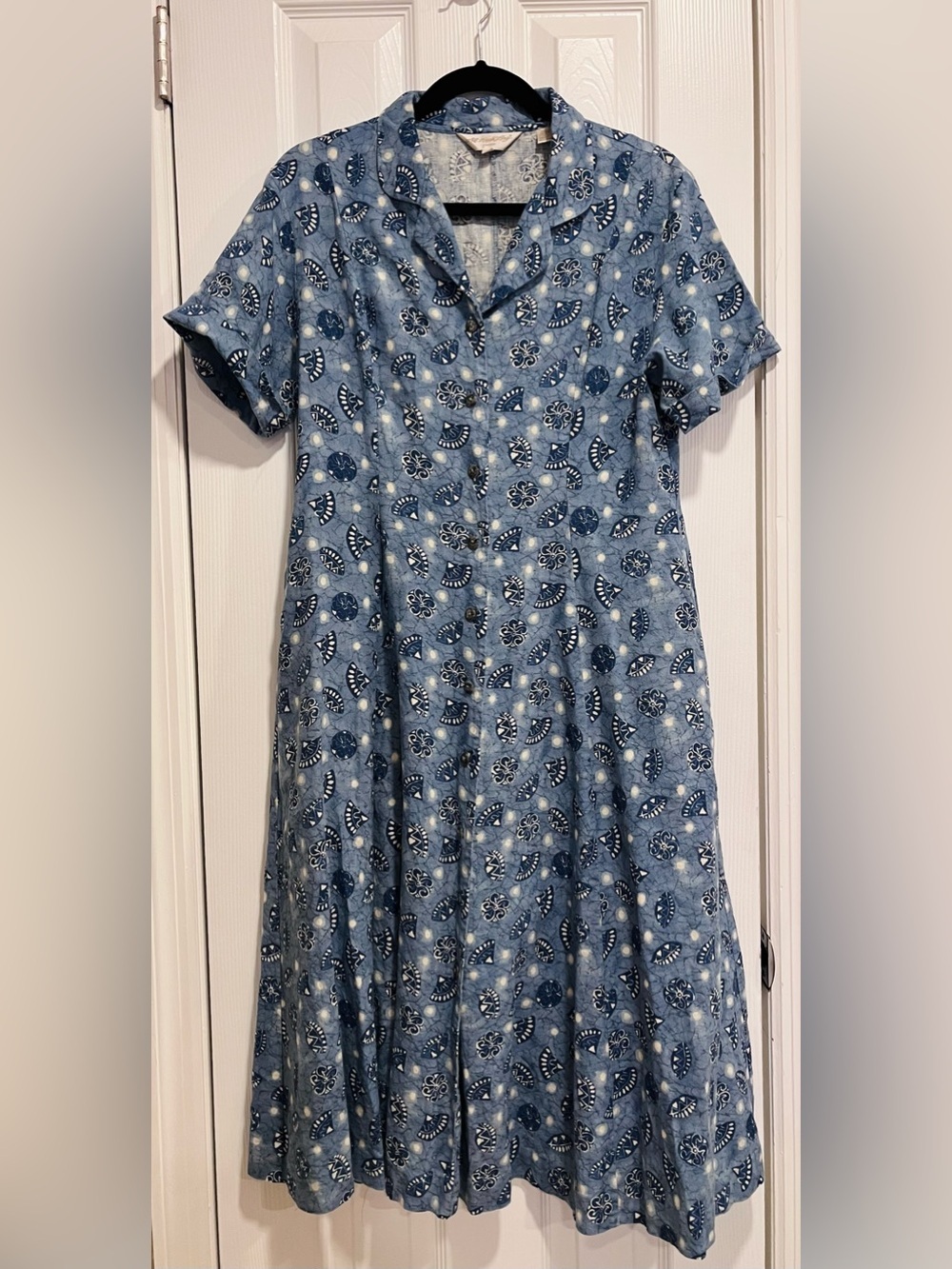 Vintage 70s 80s 90s Midi Dress Blue and White Fan Design Size 10